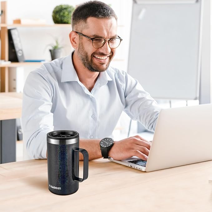 KXIAOCHEN 20oz Insulated Coffee Mug with Lid, Stainless Steel Coffee Cup, Double Wall Vacuum Coffee Tumbler with Handle, Premium Thermal Travel Coffee Mug (Glitter Black)