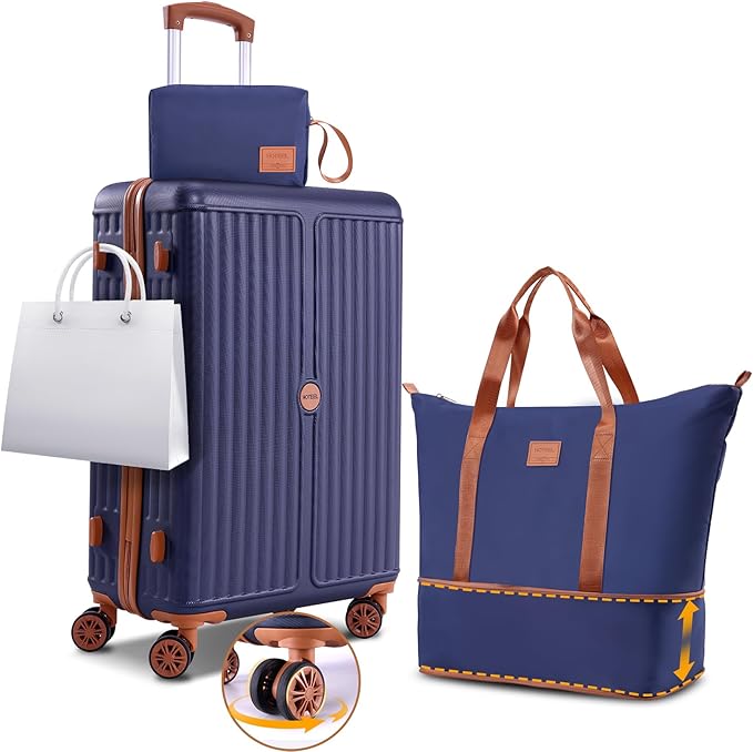 Hoteel 3 Piece Luggage Set with Spinner Wheels (4-YEAR WARRANTY), Carry on Luggage for Travel with TSA Lock, Hardshell ABS+PC Suitcase Set, 20" Suitcase + Expandable Duffel Bag+Cosmetic Bag(Dark Blue)