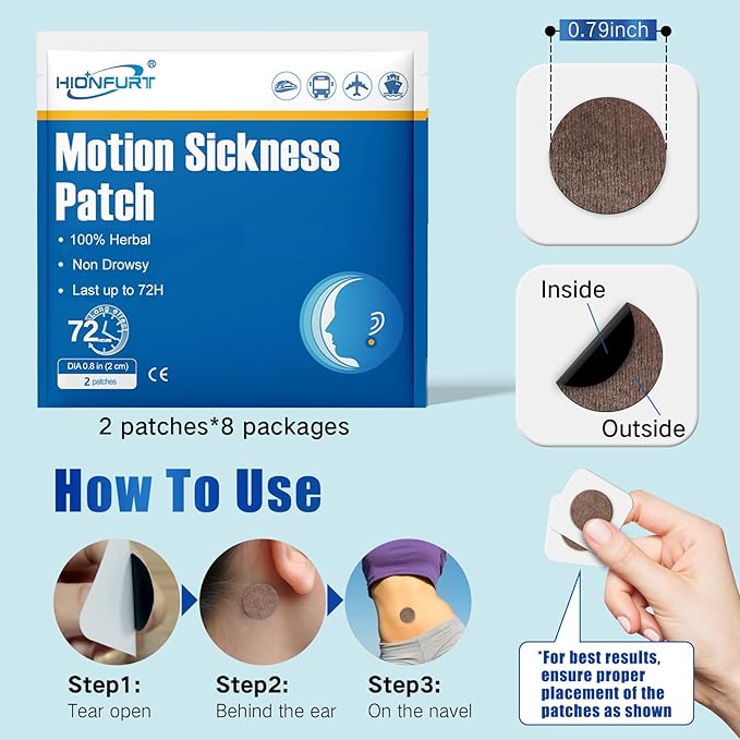 32ct Motion Sickness Patches – Sea Sickness Patches for Cruise, Car, Airplane, and Other Travel – Non-Drowsy, Effective, Lasts 72 Hours