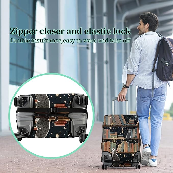Luggage Cover + Tag, Cat Library Travel Suitcase Protector for 22-24 inch Luggage (M) with Concealed Zipper, Washable Elastic Cloth, Dustproof, Anti-Scratch