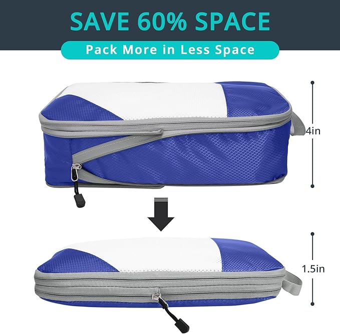 Compression Packing Cubes 6 Set, Compressible Space-Saving Packing Cubes for Travel - Compression Bags, Luggage Organizer, Travel Essentials for Women, Royal Blue