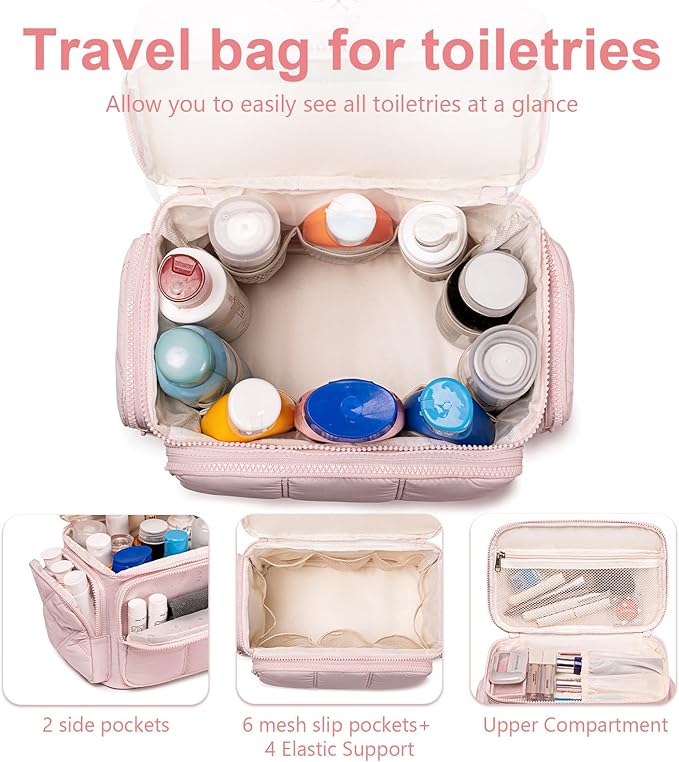 LEDAOU Toiletry Bag for Women,Quilted Travel Makeup Bag Organizer with Double Deck, Large Wide-open Cosmetic Make up Bag for Travel Essentials (Pink Puffy)