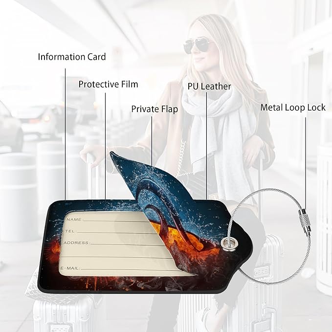 2 Pack Luggage Tags for suitcases Funny Music Water fire Luggage Tag, Leather Stainless Steel Loop Label Tag for Men Women Travel Bag Suitcase(Music Water fire)