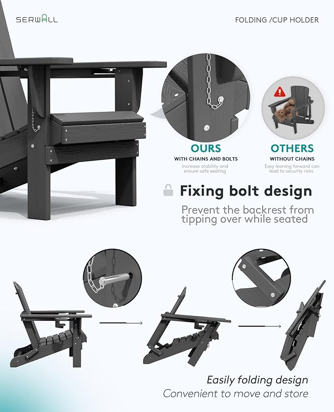 SERWALL Foldable Adirondack Chair Set of 8, Oversized HDPE Adirondack Chair with Wood-Texture-Gray