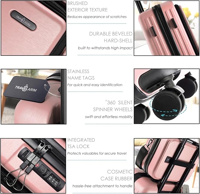 22 Inch Carry On Luggage 22x14x9 Airline Approved, Carry On Suitcase with Wheels, Hard-shell Carry-on Luggage, Durable Luggage Carry-On, Pink Small Suitcase with Cosmetic Case