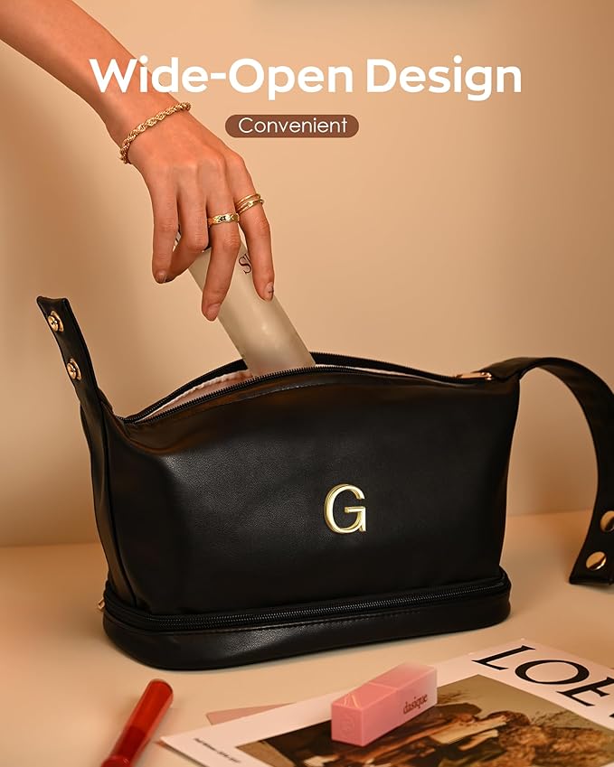 Initial Makeup Bag Personalized Bags with Handle, Waterproof Double Layer Cosmetic Bag, Large Capacity PU Leather Makeup Bags Letter Travel Toiletry Bag with Makeup Brush Organizer