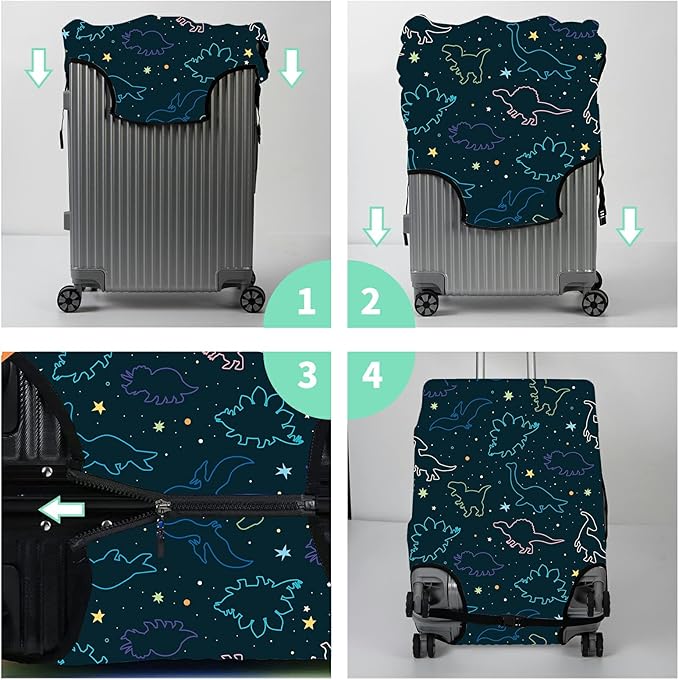 Luggage Cover Suitcase Protector Plus 1 Luggage Tag, Dinosaurs Space Travel Suitcase Cover Suitable for 29-30 inch Luggage (XL) with Concealed Zipper Washable Elastic Cloth Dustproof Anti-Scratch
