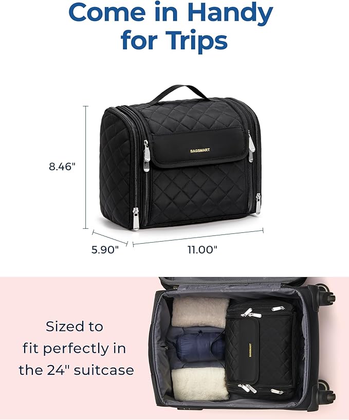 BAGSMART Makeup Bag for Women with Hanging Hook, Large Portable Capacity Water-resistant Organizer Travel Case for Toiletries and Cosmetics, Blue