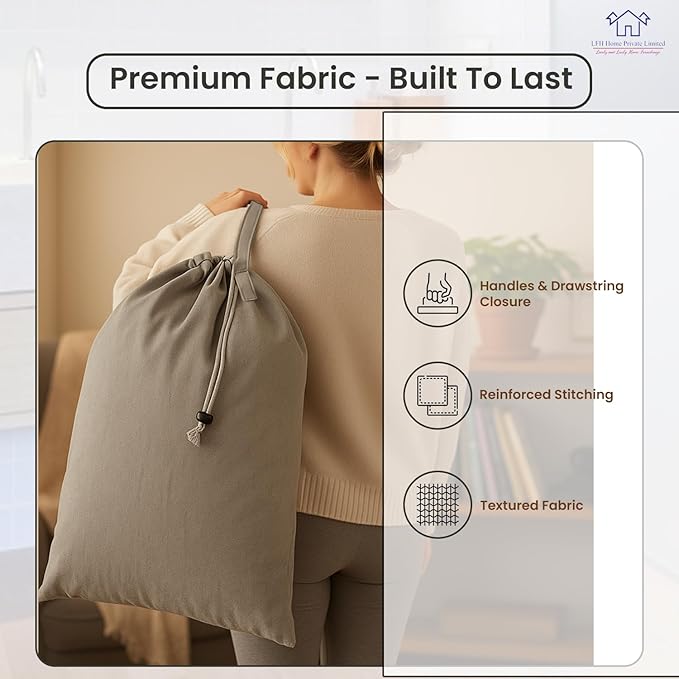 LFH Home Cotton Canvas Large Laundry Bag with Handle, Heavy Duty Drawstring Closure Washable Laundry Bags, School Travel, Home, Hotel, College Dorm, Organizer Sack, Toys Clothes 20x30 (Pack of 2)-Grey