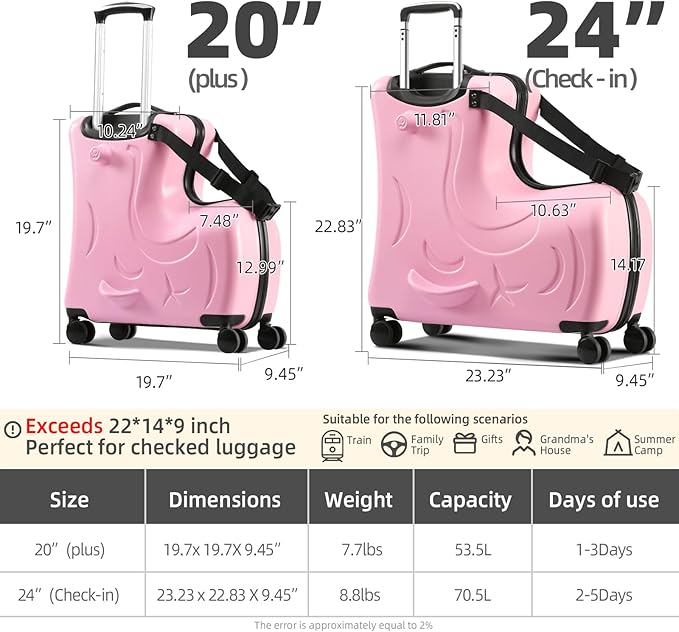 Ride on Hard Shell Kids Luggage with 4 Spinner Wheels for Girls and Boys, Rolling Childrens Travel Suitcase with Seat and Safety Belt for Toddler Ages 6-12, Checked size 25 Inch, Pink