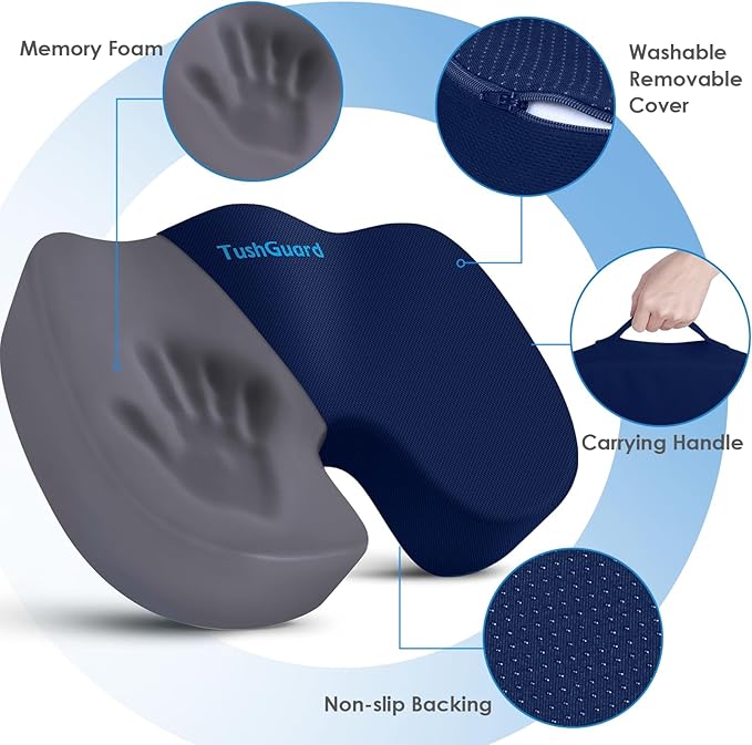 TushGuard Seat Cushion for Office Chair Memory Foam Non-Slip Cushion Back, Coccyx, Sciatica, Tailbone Pain Relief Butt Pillow for Office Chair, Car, Wheelchair, Blue, XX-Large