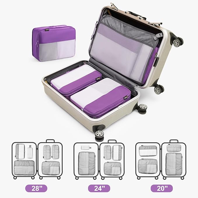 5 Set Compression Packing Cubes for Travel, Space Saving Luggage Organizer Bags (Bright Purple)