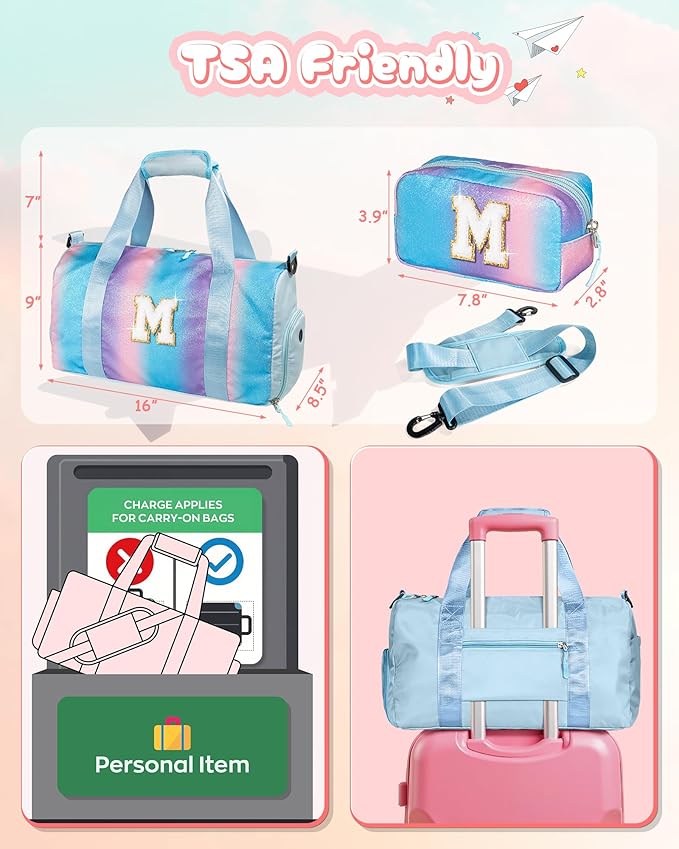 Birthday Gift for Daughter-Girl Gym Bag with Shoe Compartment, Kid Weekender Overnight Bags, Initial Travel Tote with Makeup Pouch, Gift for 3 4 5 6 7 8 9 Year Old Girls (Letter A)