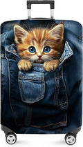 ANNA QUEEN Cute Kitten in Pocket Luggage Cover, Funny Cat Suitcase Protector with Denim Print, Stretchable & Washable Spandex Travel Cover for 20-22 Inch Luggage