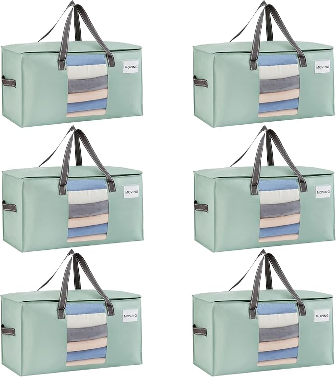 VENO 6 Pack Moving Bags, Comforter and Blanket Storage Bags for Closet, Moving Boxes, Boxes with Lids Alternative, College Dorm Packing Supplies, Foldable Heavy-Duty Tote (Light Green Matte, 6 Pack)