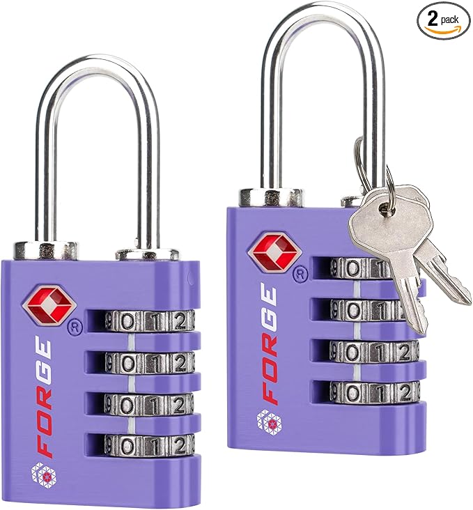 Forge Dual-Opening: Key or Combination Access Lock, TSA Approved Locks for Luggage, Pelican case, Travel, Gym, School, Stainless Steel Shackle. (Purple, 2 Pk)