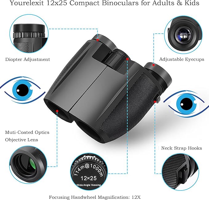 12x25 Compact Binoculars for Adults & Kids, High Powered Lightweight Waterproof Binoculars with Large Eyepiece, Low Light Vision for Bird Watching, Hunting, Travel, and Sightseeing