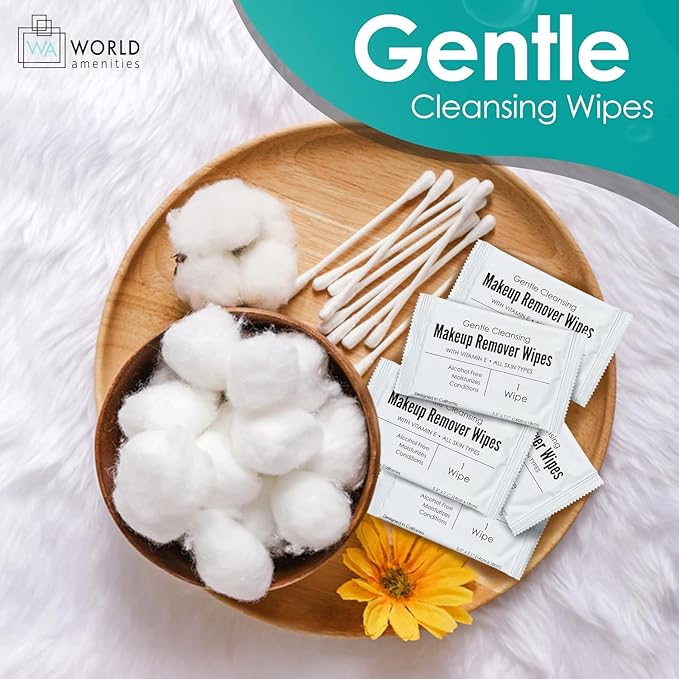 World Amenities - Bulk Makeup Remover Wipes | 500 Count| Individually Wrapped, Gentle Cleansing, Alcohol Free - All Skin Types - Vitamin E - 100% Recyclable, Hotel Travel Size Toiletries