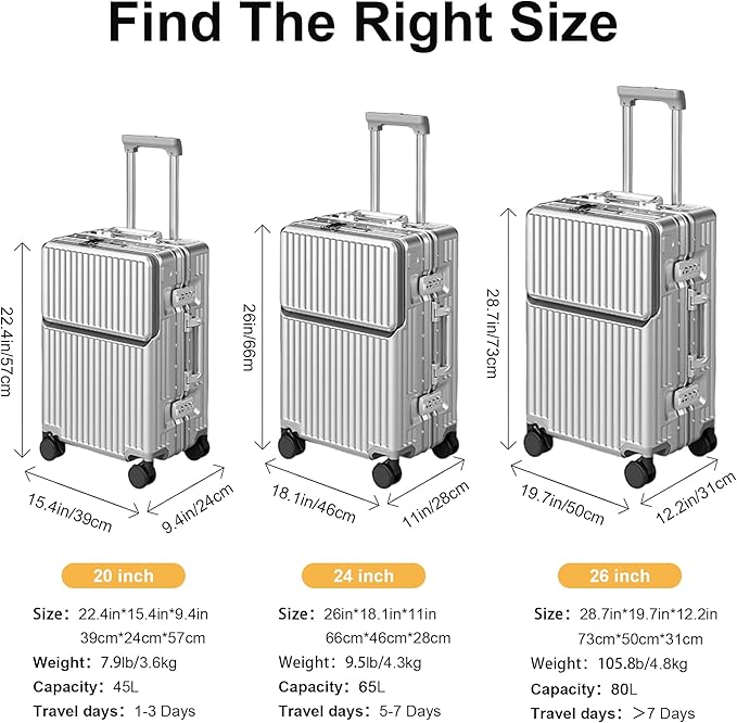 Zipperless Luggage, Polycarbonate Aluminum Hard Shell, Expandable Carry-On Suitcase with Spinner Wheels, Hard Shell Suitcase, 24 Inch Cabin