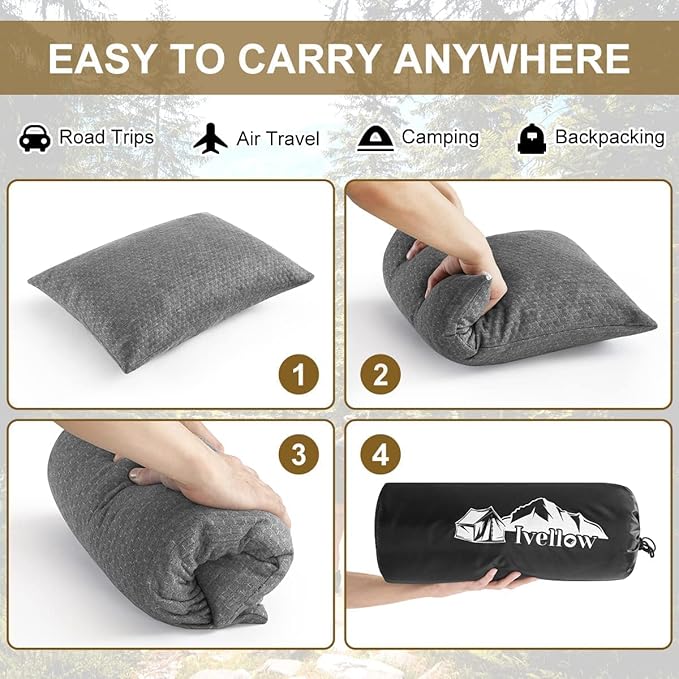 Ivellow Memory Foam Travel Pillow Compressible Camping Pillow for Sleeping Shredded Memory Foam Pillow Compact Firm Supportive Travel Pillow for Adults Kids Outdoor Backpacking Hiking Essential Gear-L