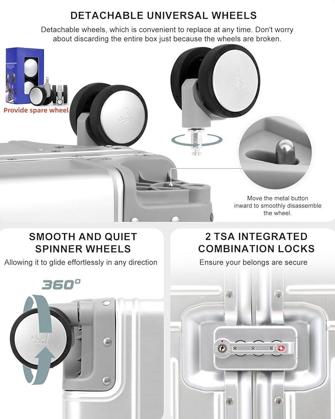 All Aluminum 20'' Luggage with Removable Spinner Wheels,Provide Spare Wheels.Carry on Luggage 22 x 14 x 9 Airline Approved Lightweight Metal Hard Shell Zipperless Suitcase