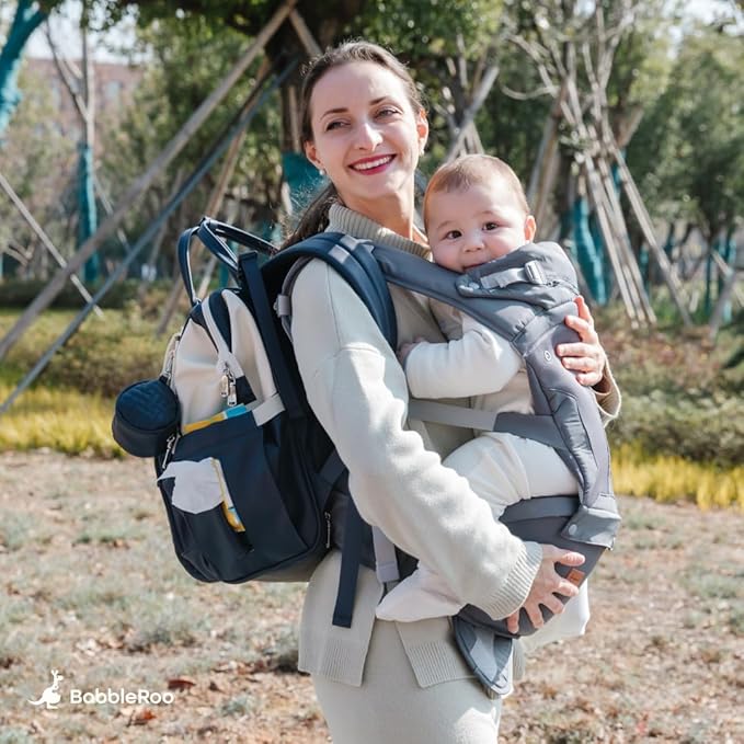 BabbleRoo Grow Carrier – 6-in-1 Baby Carrier with Hip Seat, Ergonomic, Cozy & Adjustable Toddler Carrier 7-50 lbs with Hip & Lumbar Support, Hood for Sun Protection, Newborn to Toddler, Navy Hearts
