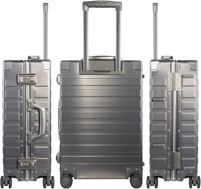TRAVELKING All Aluminum Carry On Luggage with TSA Locks Zipperless Alloy Metal Hard Shell Spinner Suitcase (Metallic, 20 Inch)