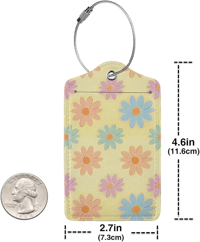 Flowers Leather Luggage Tag with Stainless Steel Ring, Fun Name Id Card Cover Travel Bag Tag Set, Suitable for Travel Bag Luggage Women Men 2 PCS