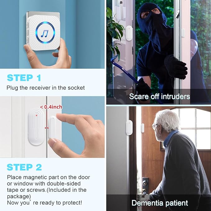 SanJie Wireless Door Chime Sensor, When Door Opens, Entry Alarm for Business/Home/Kids, 5 Adjustable Volume Ringer Alert 2 Sensors + 1 Receivers, 500 FT Range,26 Chimes