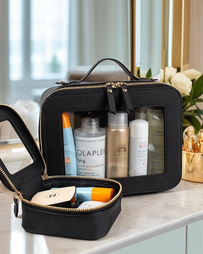 LETGO Clear Makeup Bags Set - TSA Approved Toiletry Bag with Handle Large Opening, Clear Toiletry Bags Case Pouch for Traveling Travel Car Orangizer Storage Essentials (Mini+Large Black)