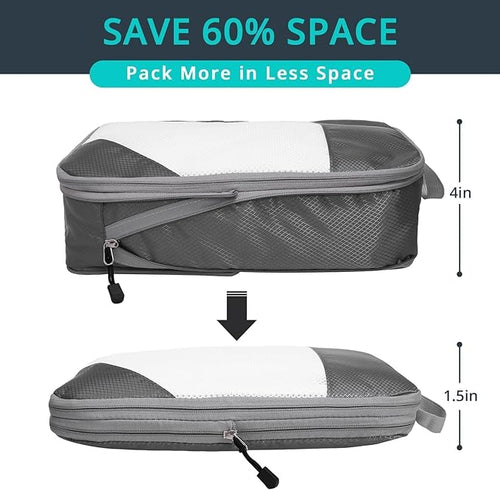 7 Set Compression Packing Cubes for Travel - Compressible, Lightweight, and Space-Saving Packing Cubes, Travel Essentials for Women, Grey