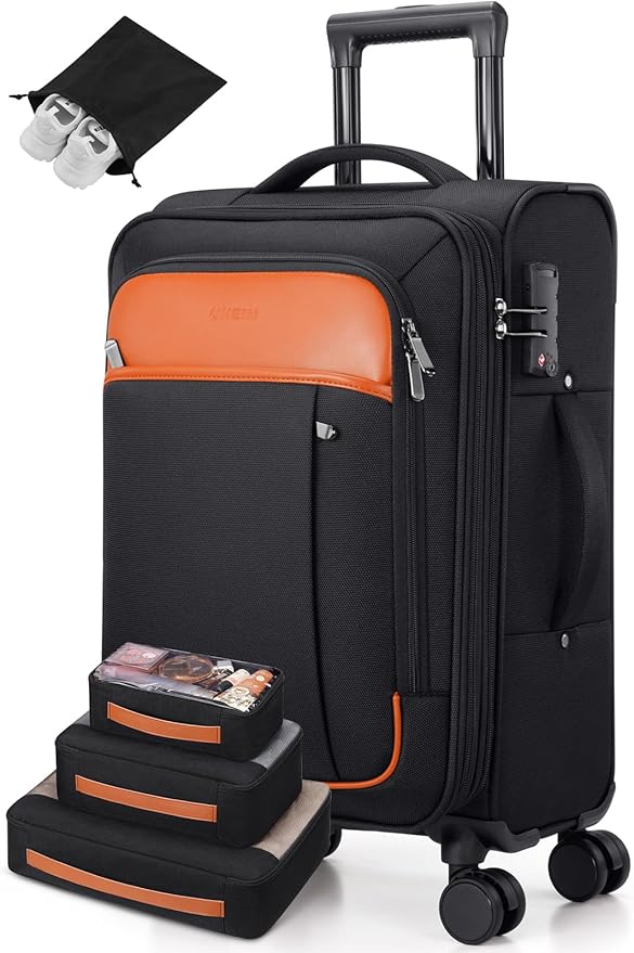 UKEIN Softside Expandable Carry On Luggage 22x14x9 Airline Approved, 20 Inch Carry On Suitcase with Wheels & TSA Lock, Travel Suitcase with 4-Piece Packing Bags for Women Men
