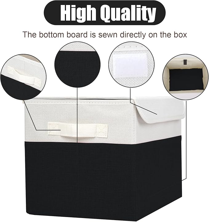 Large 22 Quart Linen Fabric Foldable Storage Bin Cube Organizer Basket with Flip-Top Lid & Handles, Clothes Blanket Box for Home, Office, Closet, Black & White, 4 Pack 14.6 x 9.5 x 9.5