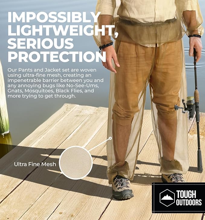 Tough Outdoors Mosquito Pants - Bug Pants for Men & Women - Net Bug Mesh for Gardening & Outdoor Protection from Flies, Gnats - with Free Carry Pouch - Green/Pants Only, Small-Medium