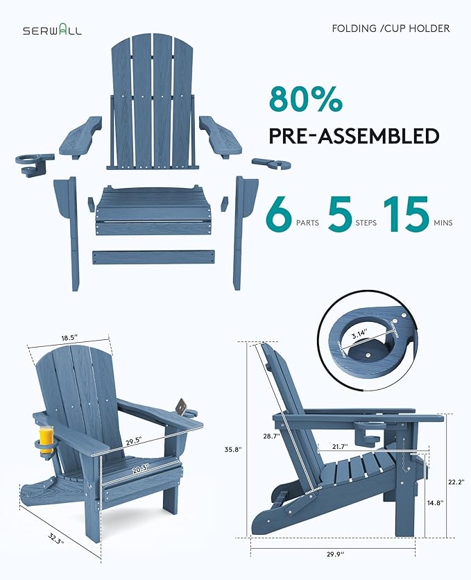SERWALL Folding Adirondack Chair, HDPE Adirondack Chairs Set of 4, Plastic Outdoor Chairs- Looks Exactly Like Real Wood- Navy