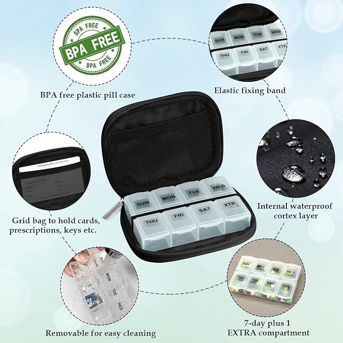 Serfeymi Weekly Travel Pill Organizer Pill Case for Purse with Removable 7 Day Pill Box, Fashionable Travel Medicine Organizer Pill Container for Medicine, Vitamin, Supplement - Black 01