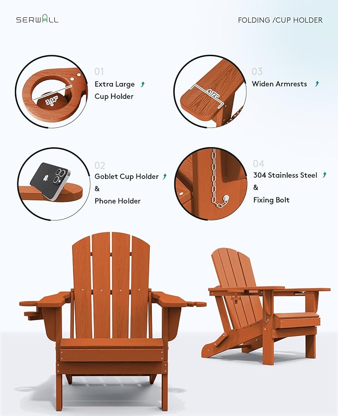 SERWALL Adirondack Chair with Cup Holders - Composite Adirondack Chairs Set of 8 HDPE Outdoor Chairs All Weather Use- Orange