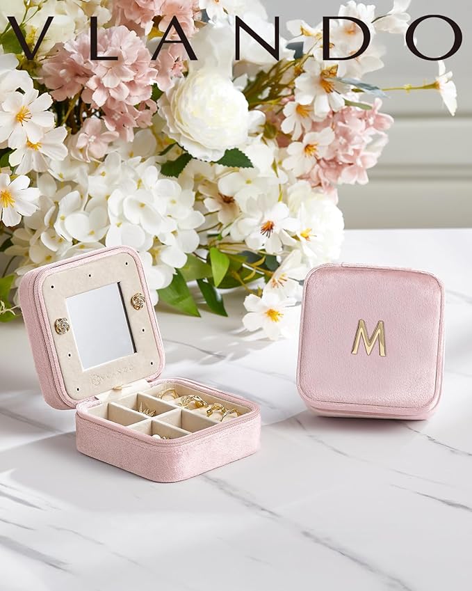 Vlando Mothers Day Gifts for Mom Travel Jewelry Case for Girl Women, A Initial Jewelry Case, Mini Jewelry Travel Organizer Travel Essentials for Travel Gift Teen Girls - Letter A, Pink
