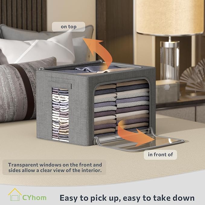 4 Pack Clothes Storage Bins with Metal Frame - Linen Fabric Foldable Stackable Container Organizer Set with Clear Window & Carry Handles & Zippers (Dark Gray, 23.6"x16.5"x15.7")