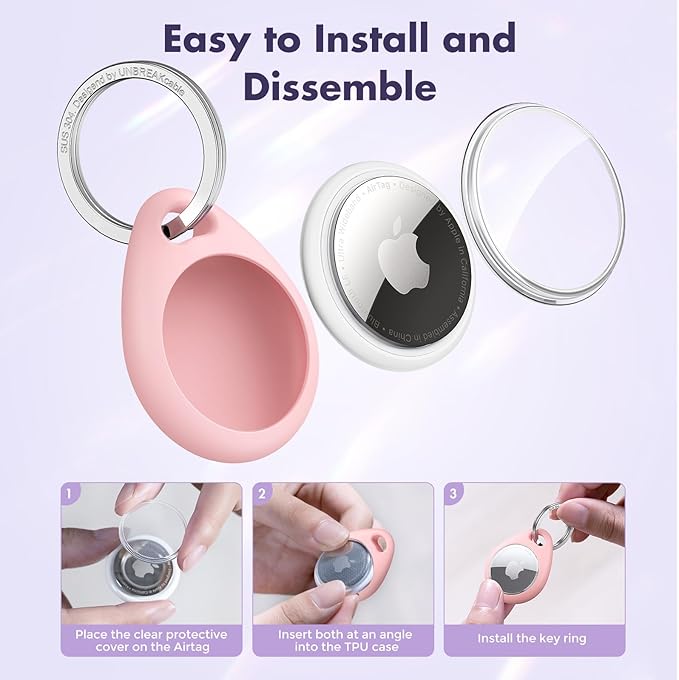 UNBREAKcable 4 Pack Macaron Colored for Apple AirTag Holder [Hold Air Tag Securely] [Easy to Install] Protective Case Waterproof TPU Shell with 304 Stainless Steel Key Ring Keychain