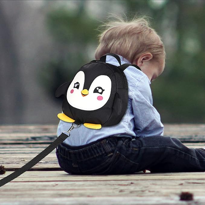 Accmor Toddler Harness Backpack Leash, Cute Penguin Kid Backpacks with Anti Lost Wrist Link, Mini Child Backpack Harness Leashes Walking Wristband Rope Travel Bag Harness Rein for Baby Girls (Black)