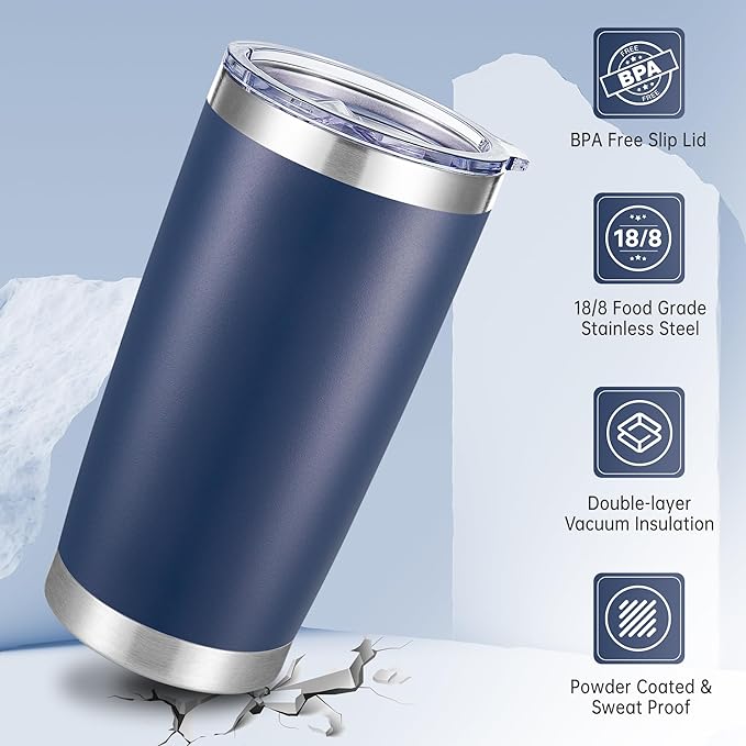20 oz Tumblers Bulk Stainless Steel Tumbler with Lid Double Wall Vacuum Insulated Coffee Mug 20oz Powder Coated Cup for Hot and Cold Drinks, Navy, 6 pack