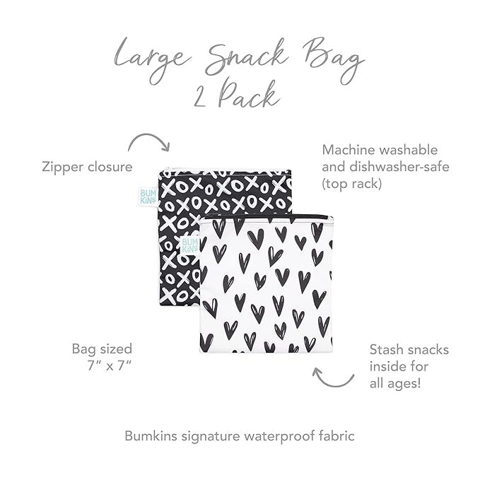 Bumkins Reusable Sandwich and Snack Bags, for Kids School Lunch and for Adults Portion, Washable Fabric, Waterproof Cloth Zip Bag, Travel Pouch, Food-Safe Storage, Large 2-pk Hearts and XOXO