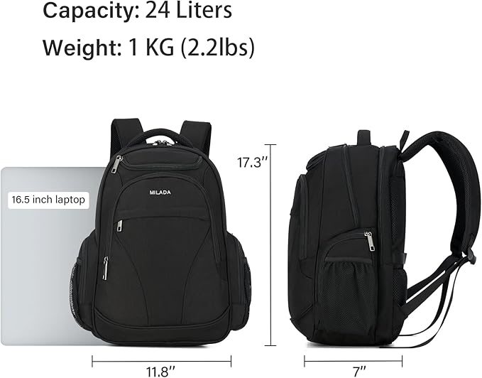 MILADA Travel Backpack For Men Laptop Backpack Women Business Carry On Backpack Airline Approved Fits 16.5 Inch Laptop Bag Work Backpack, Black