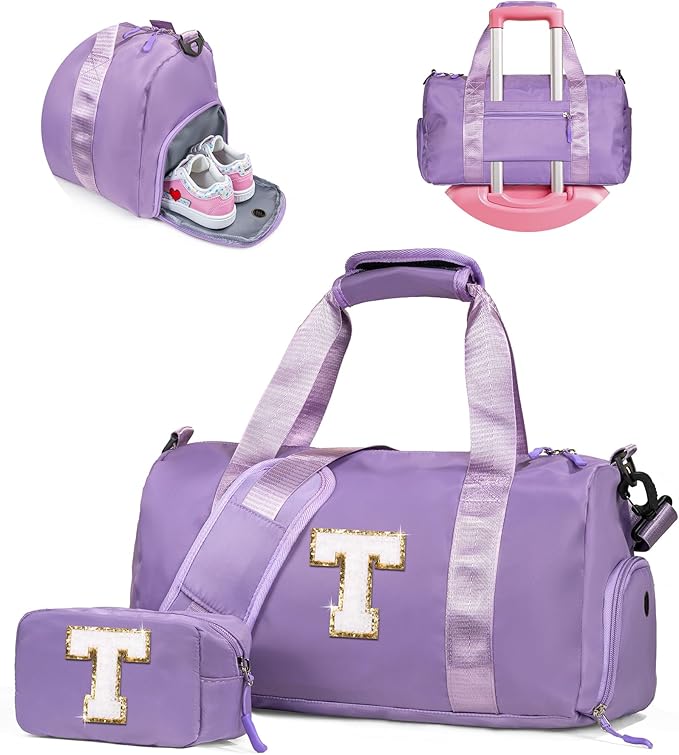 Easter Gifts for Teens Girls-Girl Gym Bag with Shoe Compartment, Kid Personalized Weekender Overnight Bags, Initial Travel Tote with Makeup Pouch, Gift for 3 4 5 6 7 Year Old Kids (Letter T)