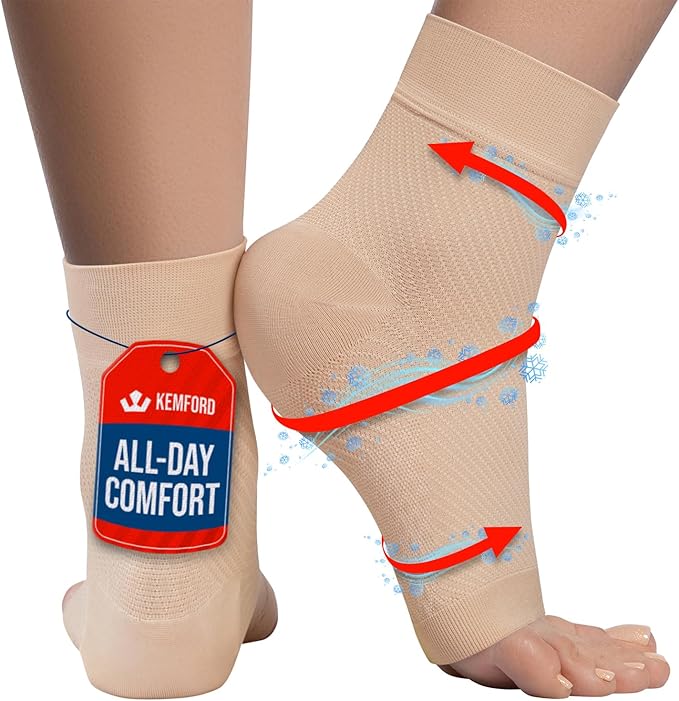 KEMFORD Ankle Compression Sleeve with Cooling Effect - Plantar Fasciitis Braces - Open Toe Compression Socks for Swelling, Sprain, Neuropathy, Arch Support for Men and Women - L, Beige