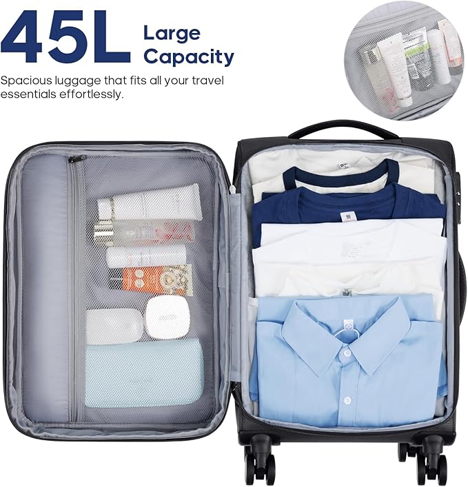 UKEIN Softside Expandable Carry On Luggage 22x14x9 Airline Approved, 20 Inch Carry On Suitcase with Wheels & TSA Lock, Travel Suitcase with 4-Piece Packing Bags for Women Men