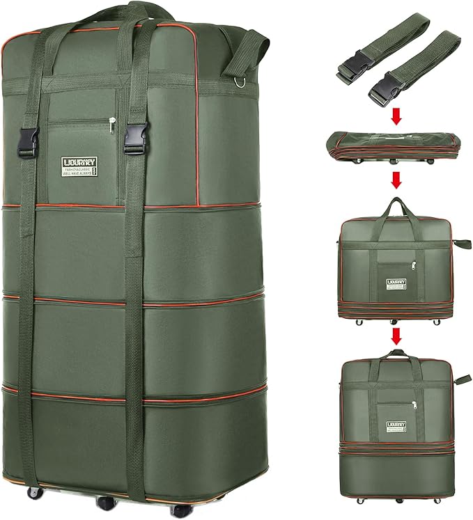 Expandable Large Capacity Travel Bag Oxford Cloth Duffel Bag with Wheels Lightweight Waterproof Travel Foldable Suitcase(ArmyGreen)