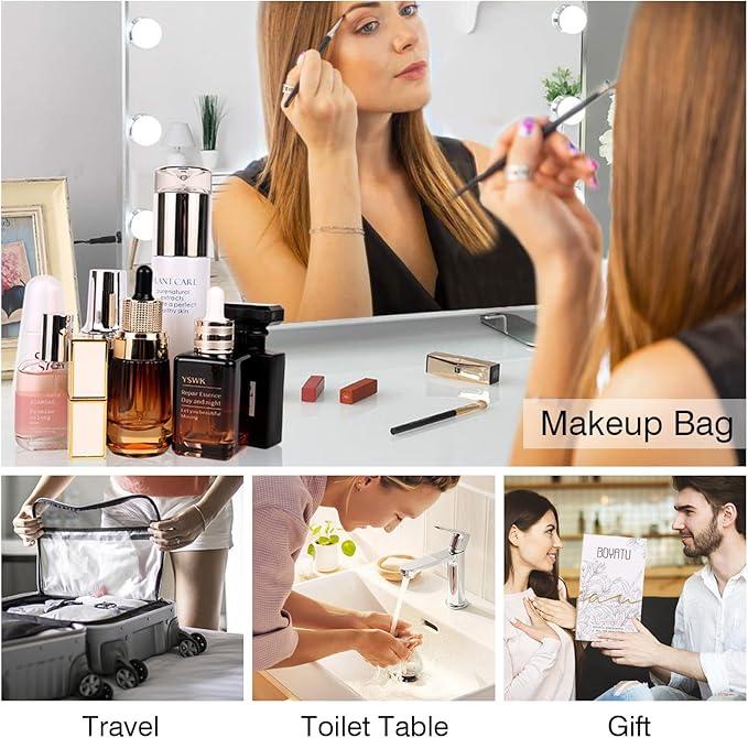 Travel Makeup Bag Organizer Cosmetic Bag: 3 Pcs Set Make up Bags for Women with Handle - Waterproof Vegan Leather Toiletry Bags with Comparments (C-04-Beige)