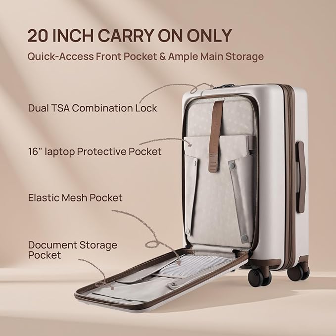 NINETYGO Carry On Luggage 22x14x9 Airline Approved, 20 Inch Suitcase with Front Compartment & Cup Holder, Coffee-Infused PC Hard Shell, Eco-Friendly, TSA Lock, 360° Spinner Wheels (Oats White)
